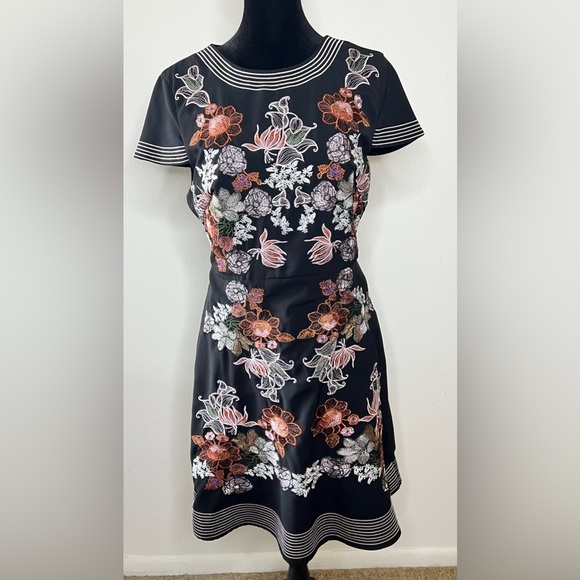 foxiedox Dresses & Skirts - Anthropologie Foxiedox black floral embroidered dress cap sleeves zipper back 6